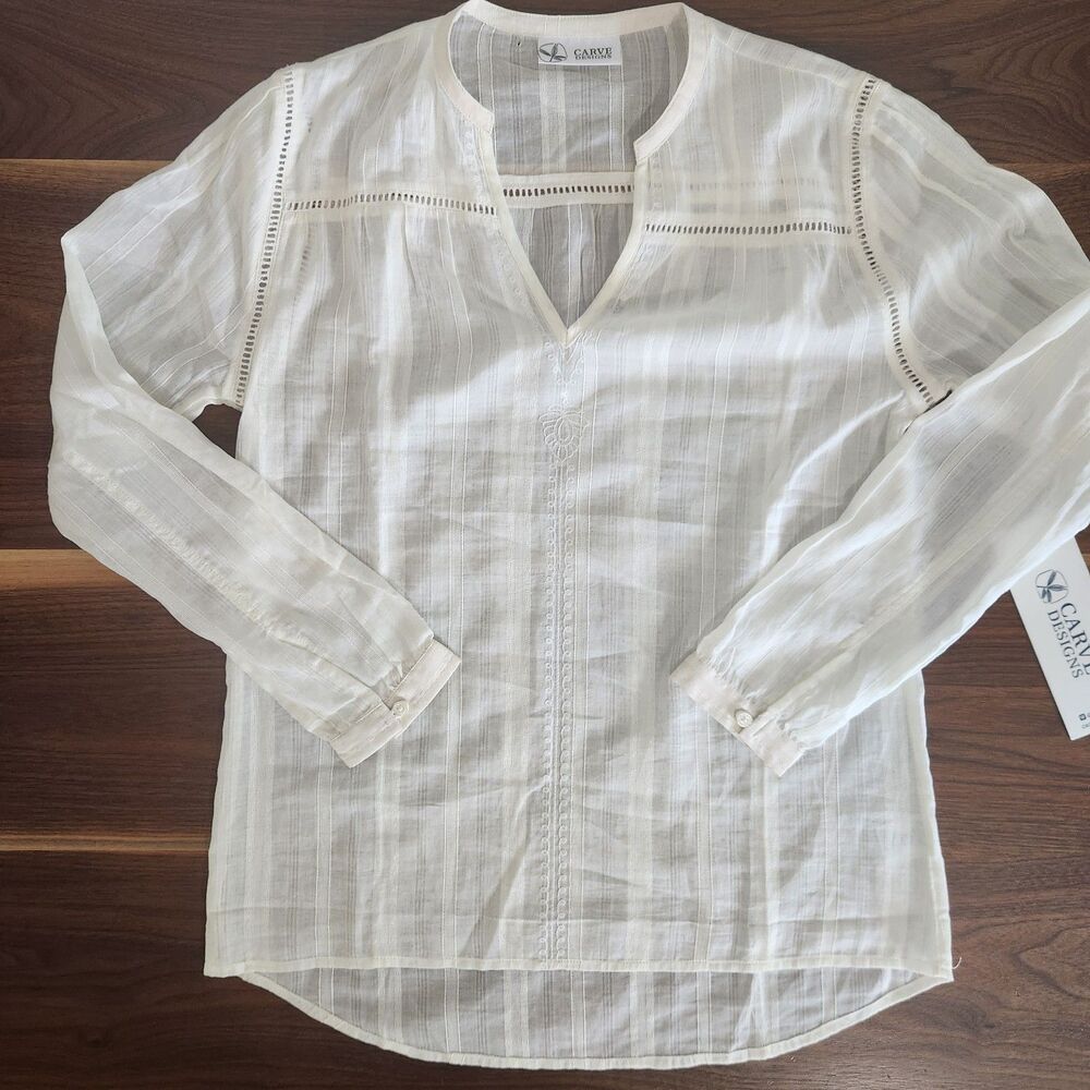 Carve Designs Cotton Cream Sheer Tunic Blouse Cover Up Peasant Beachy Boho XL
